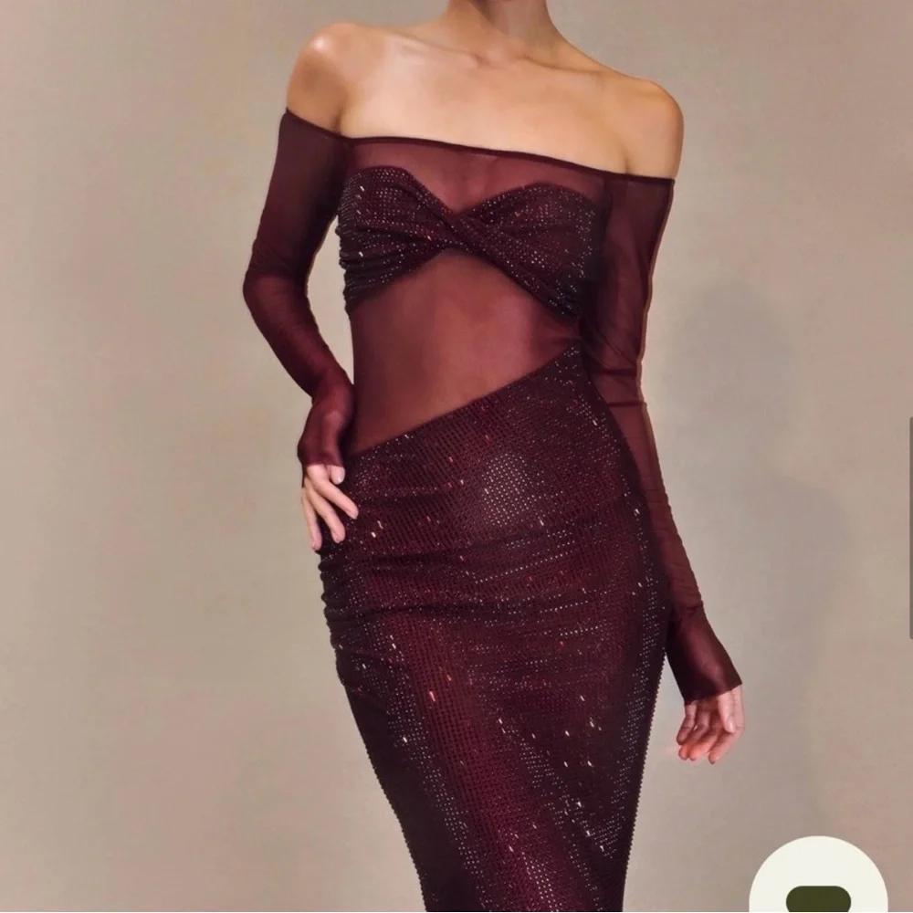 Meshki Burgundy Diamante Off Shoulder Maxi Dress - Mahogany - Picture 2 of 6